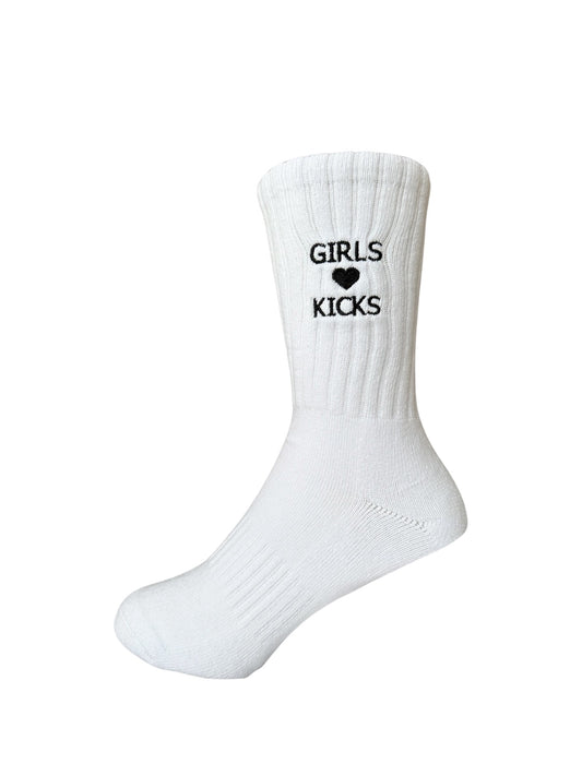 White Cotton Crew Length Socks with Black Girls Love Kicks embroidery