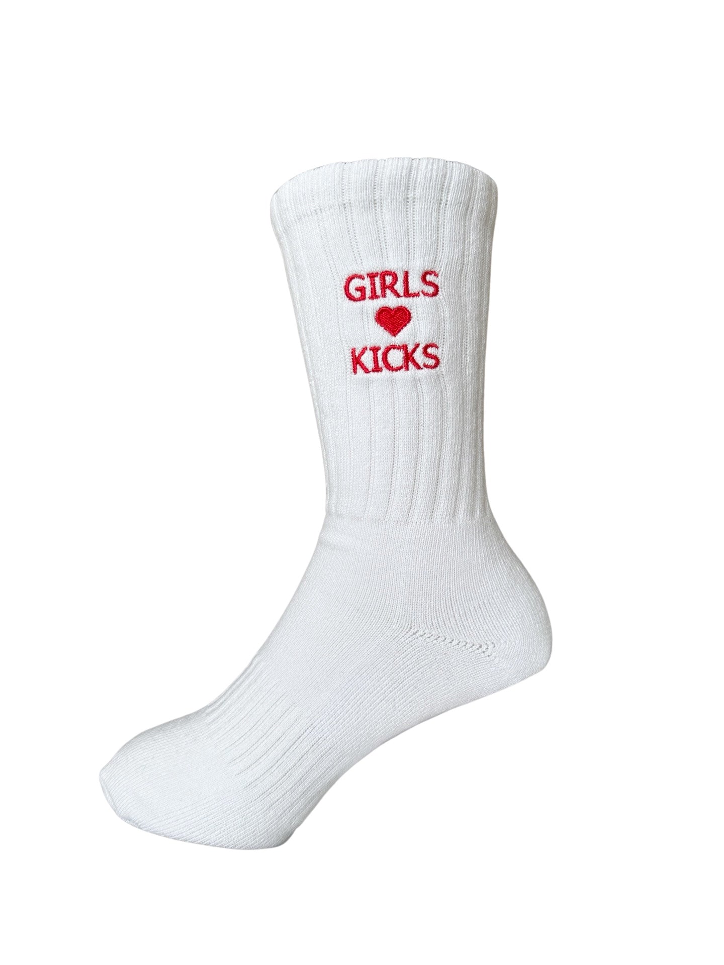 White Cotton Crew Length Socks with Red Girls Love Kicks embroidery