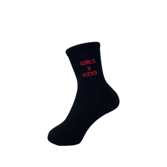 Black Cotton Crew Length Socks with Red Girls times Kicks embroidery.