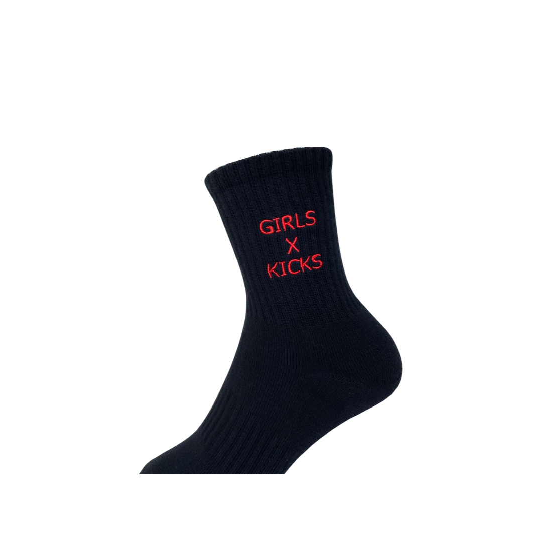 Black Cotton Crew Length Socks with Red Girls Times Kicks embroidery.