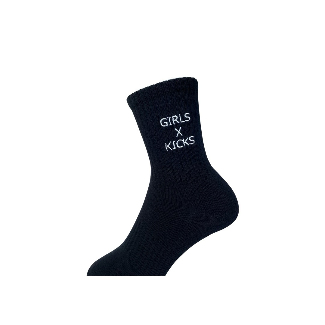 Black Cotton Crew Length Socks with White Girls Times Kicks embroidery