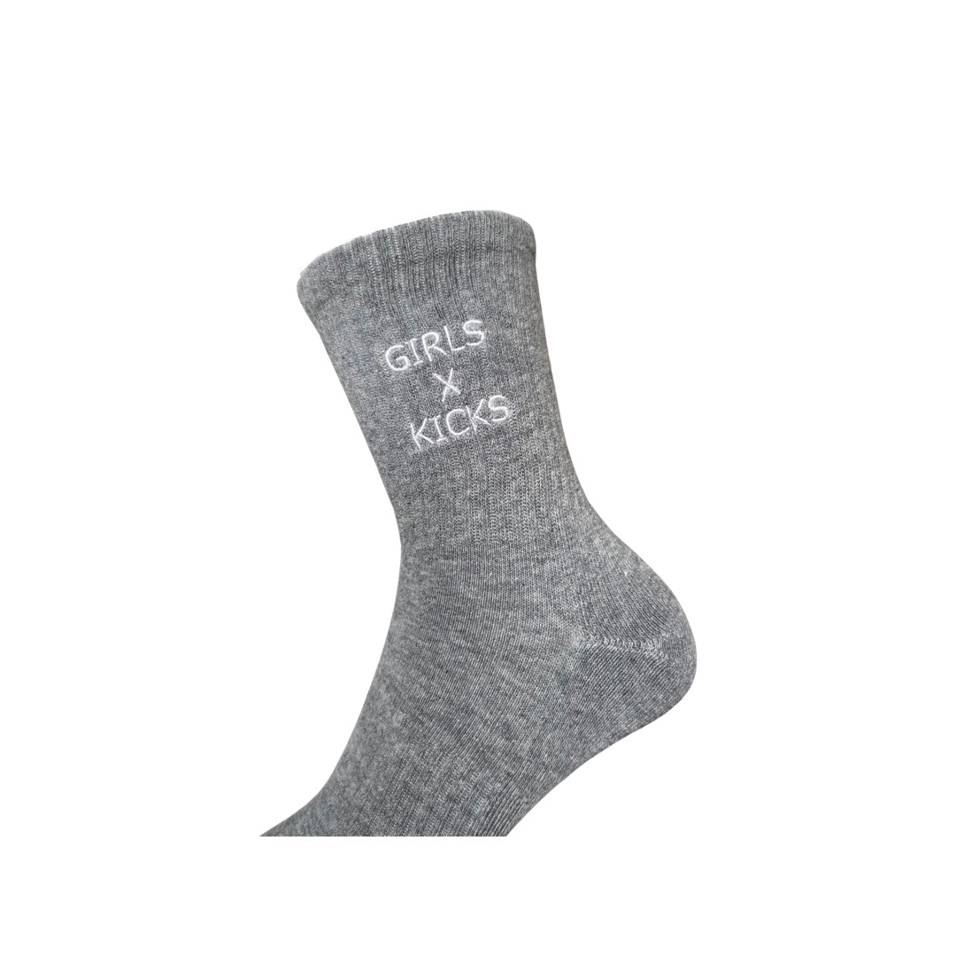 Grey Cotton Crew Length Socks with White Girls Times Kicks embroidery.