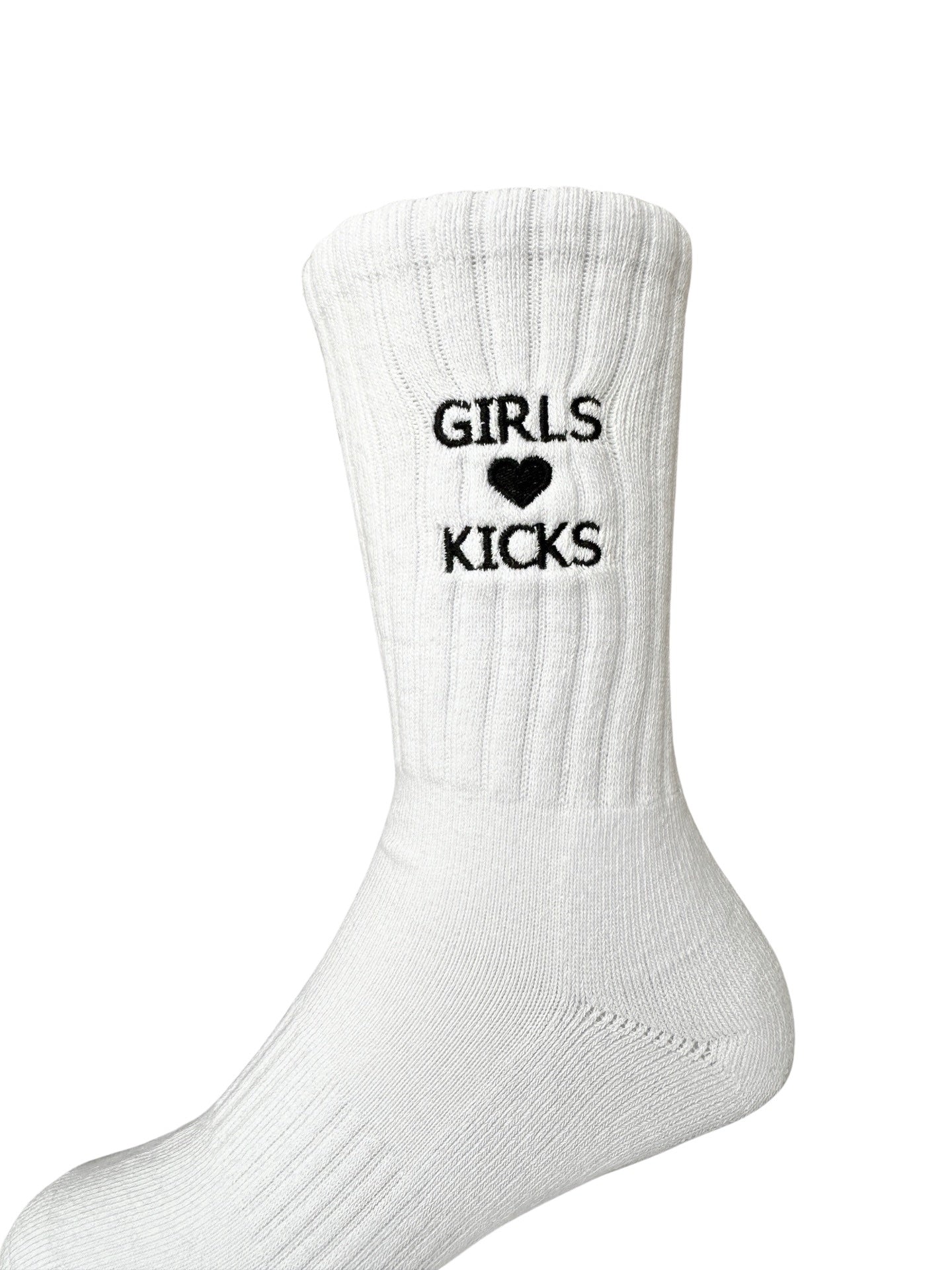 White Cotton Crew Length Socks with Black Girls Love Kicks embroidery