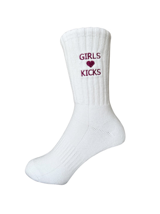 White Cotton Crew Length Socks with Dark Purple Girls Love Kicks embroidery