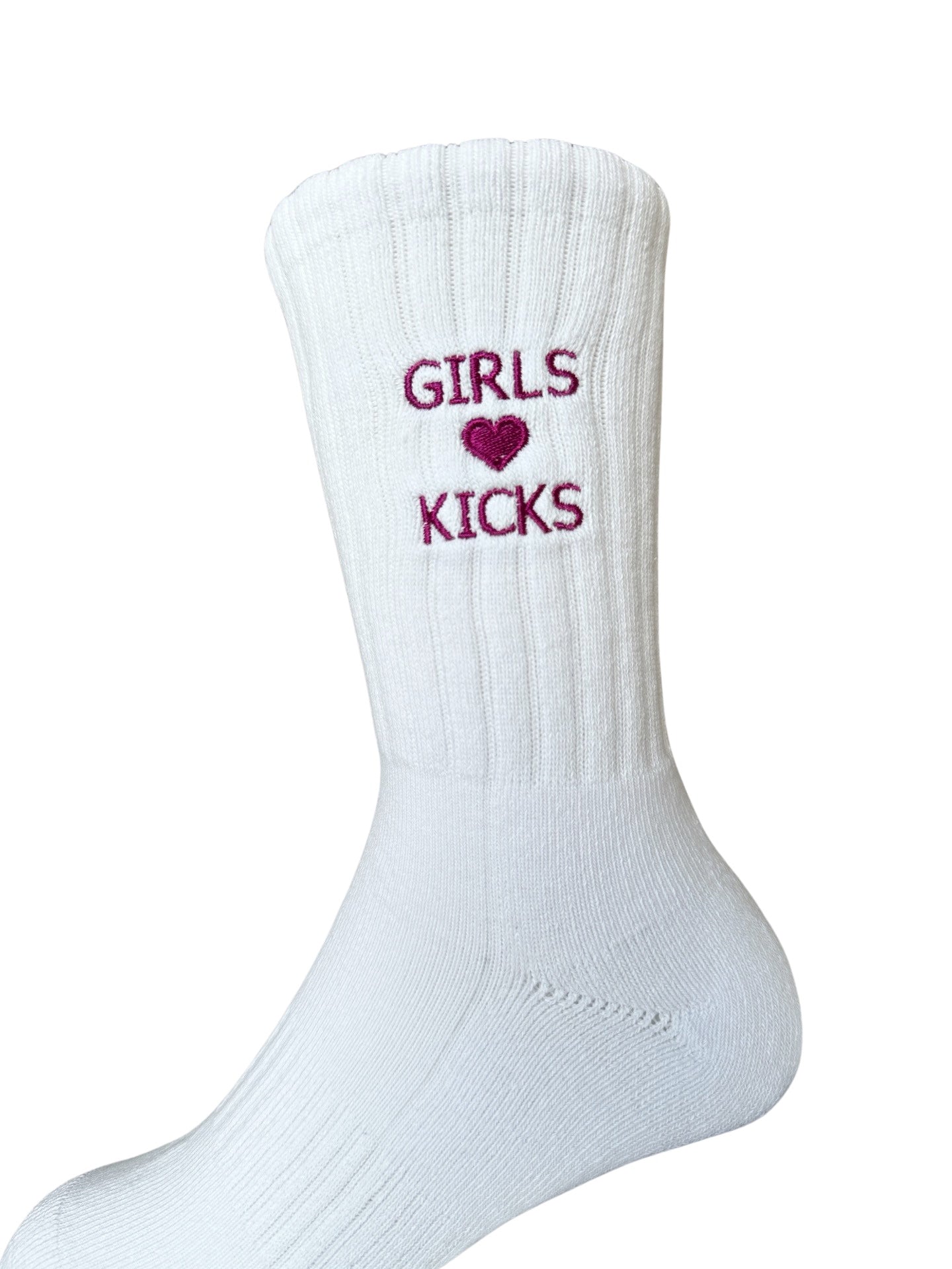 White Cotton Crew Length Socks with Dark Purple Girls Love Kicks embroidery