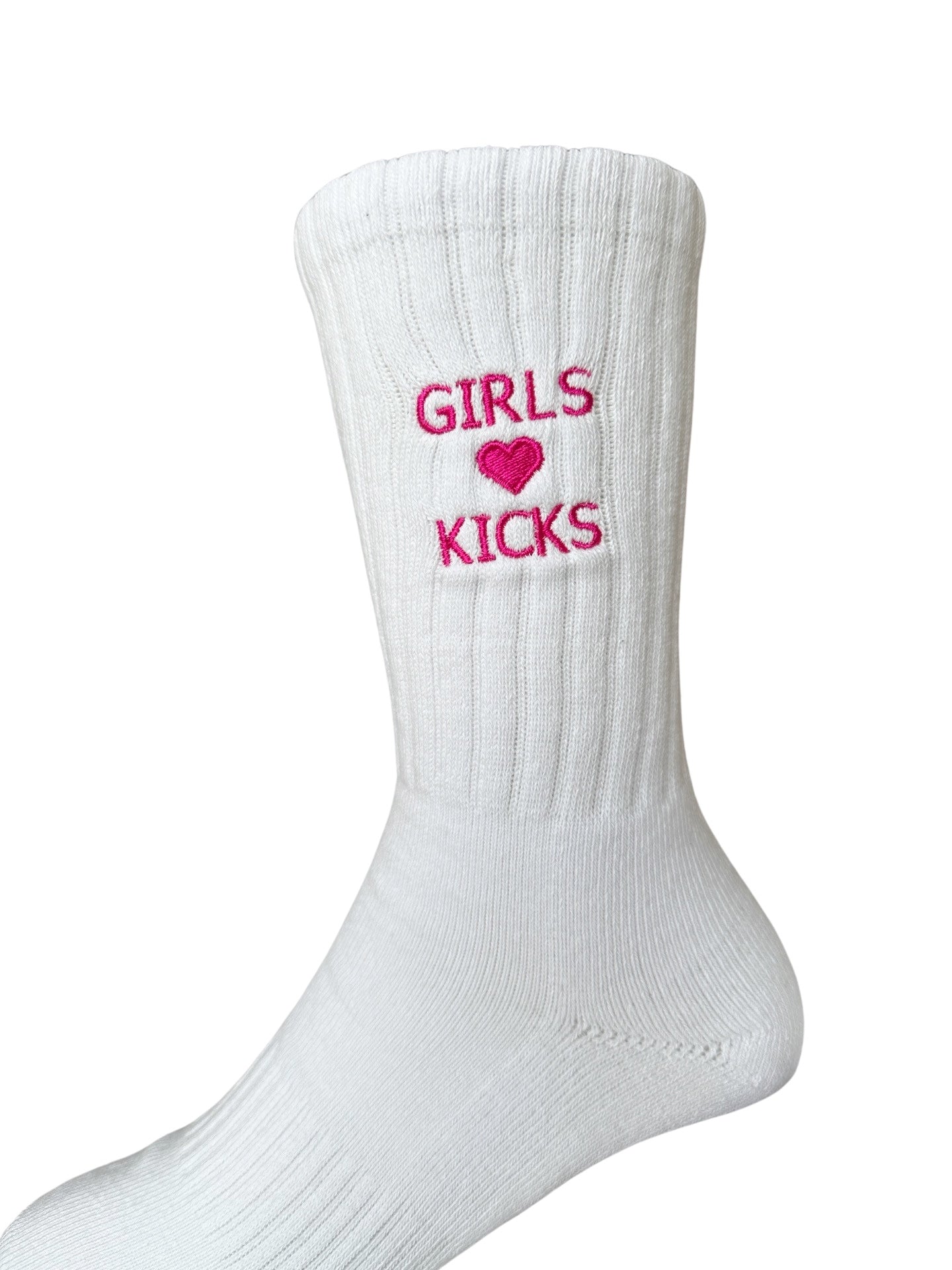 White Cotton Crew Length Socks with Pink Girls Love Kicks embroidery