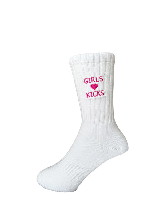 White Cotton Crew Length Socks with Pink Girls Love Kicks embroidery