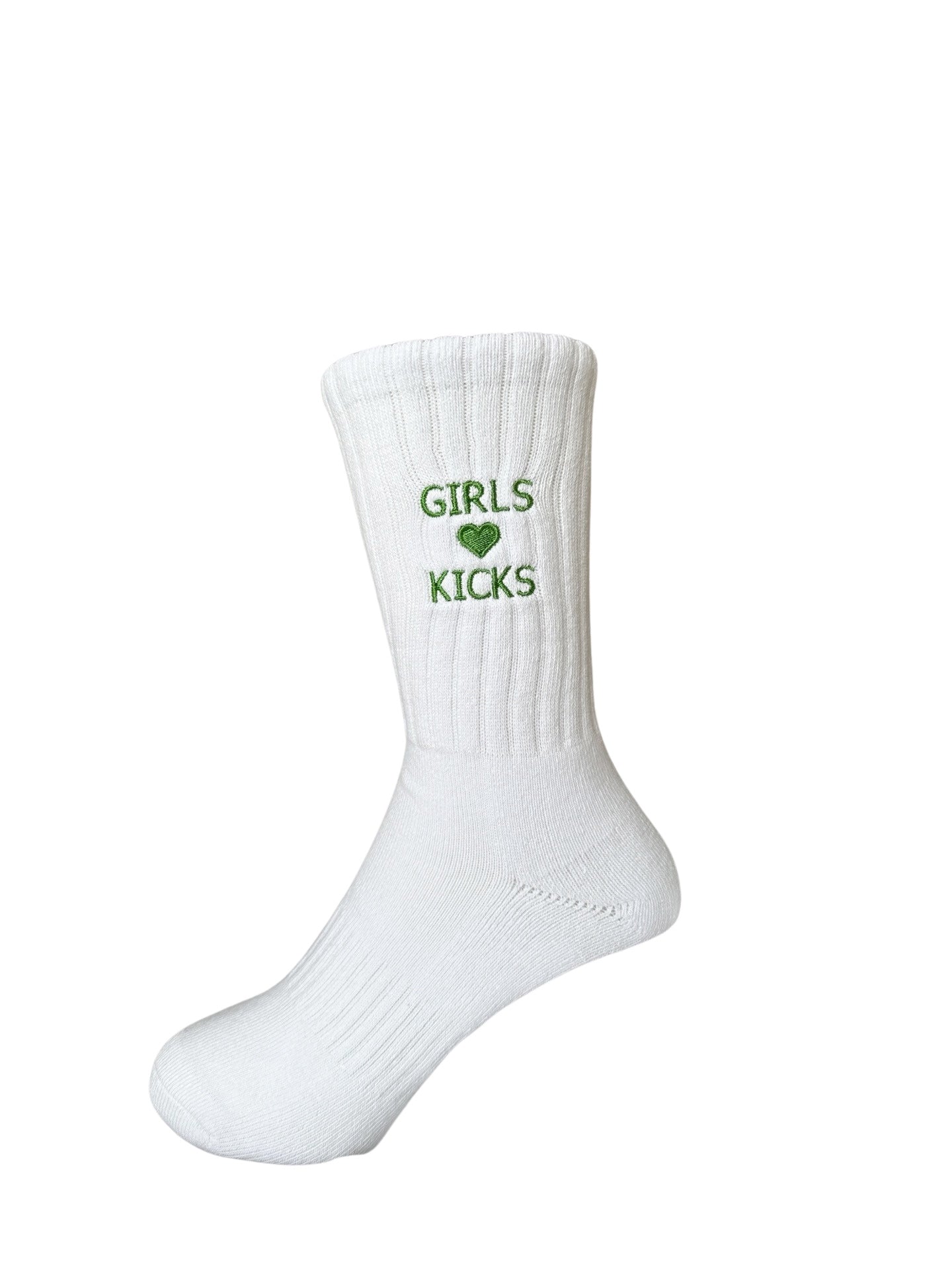 White Cotton Crew Length Socks with Green Girls Love Kicks embroidery 