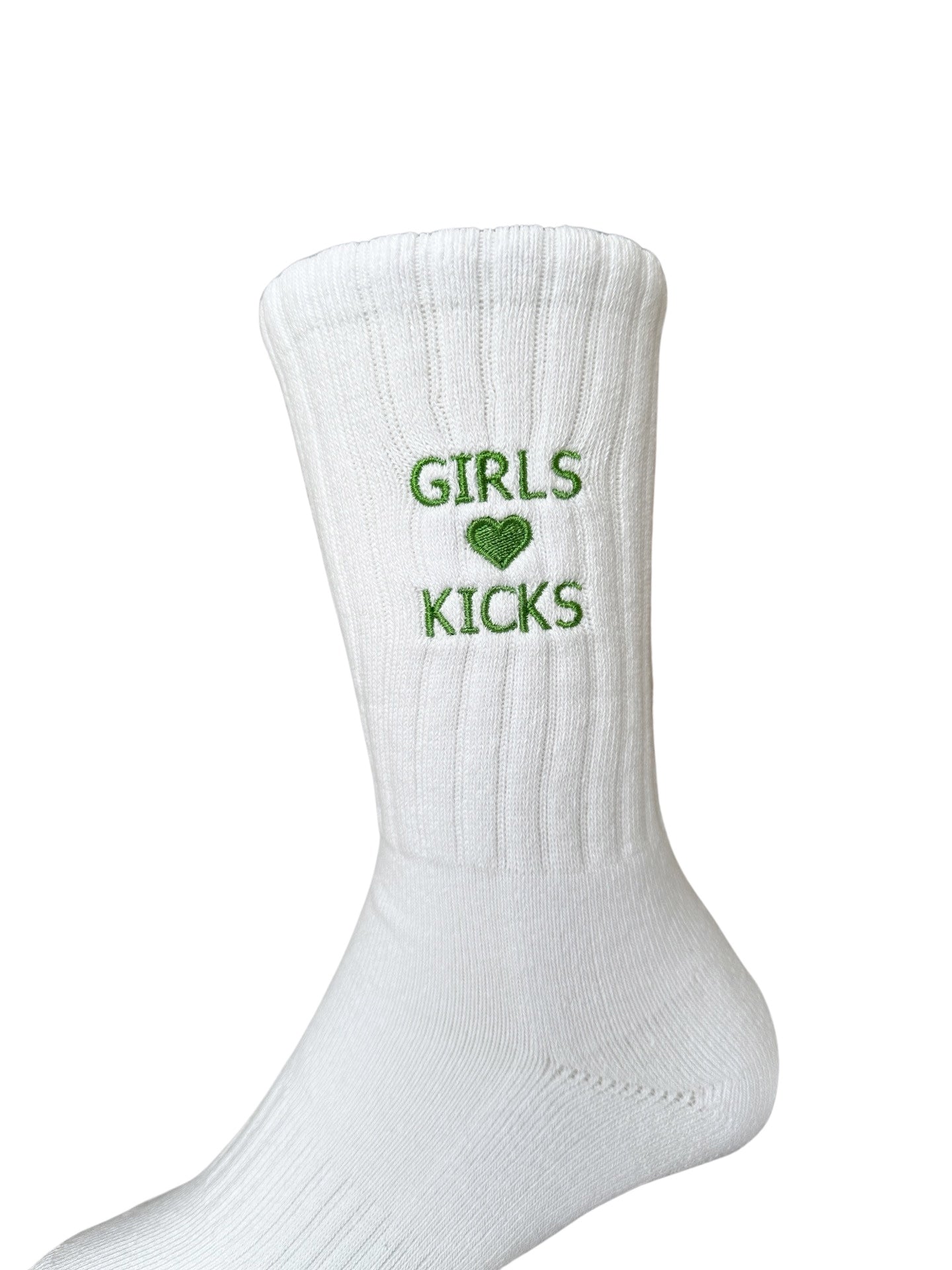 White Cotton Crew Length Socks with Green Girls Love Kicks embroidery