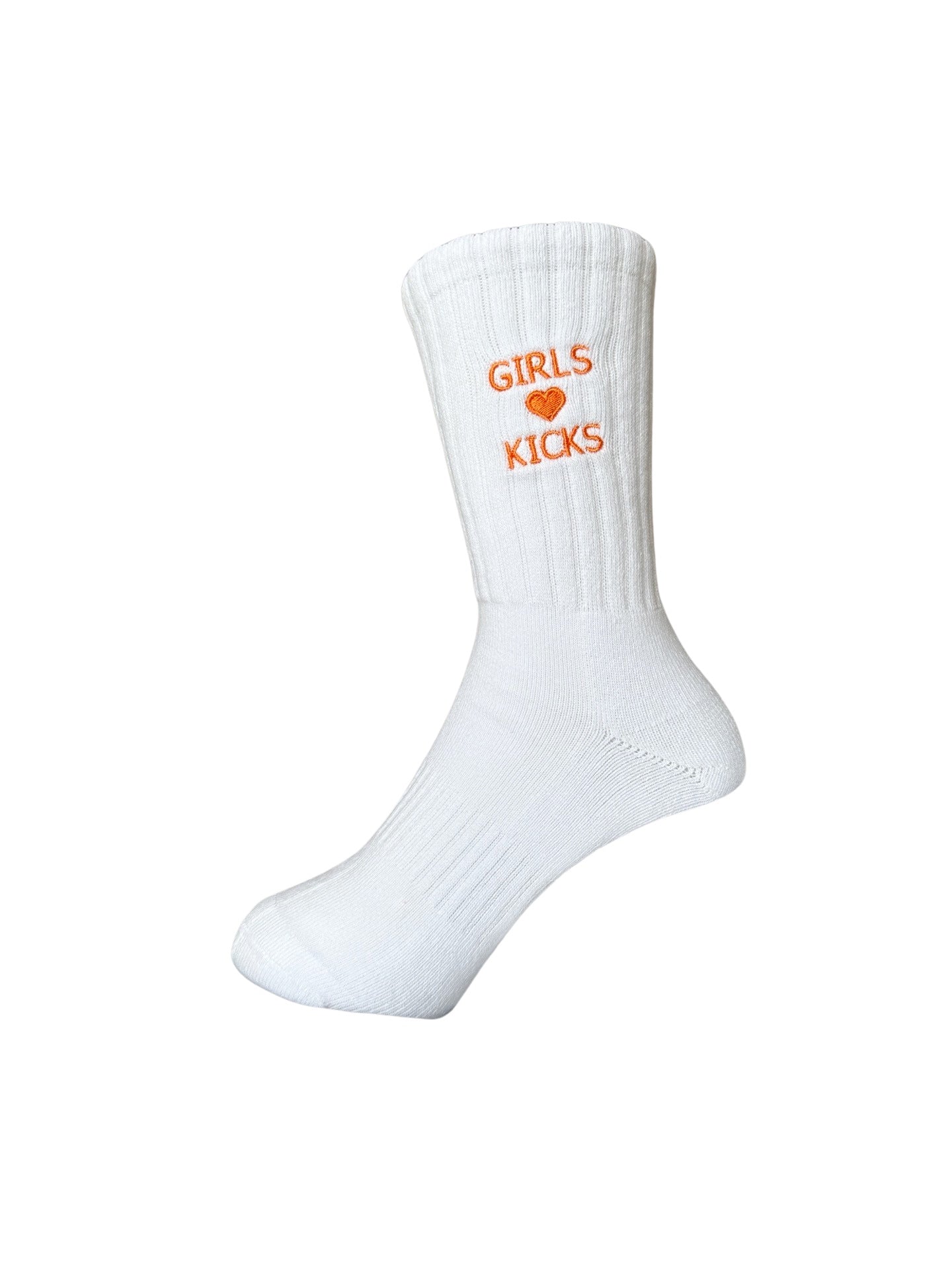 White Cotton Crew Length Socks with Orange Girls Love Kicks embroidery