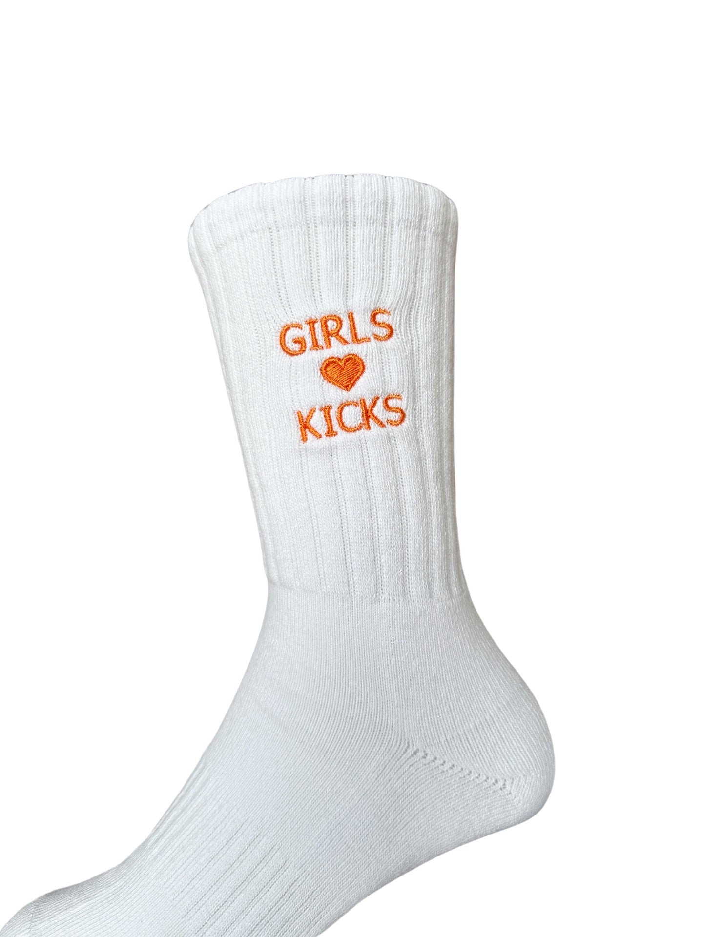 White Cotton Crew Length Socks with Orange Girls Love Kicks embroidery