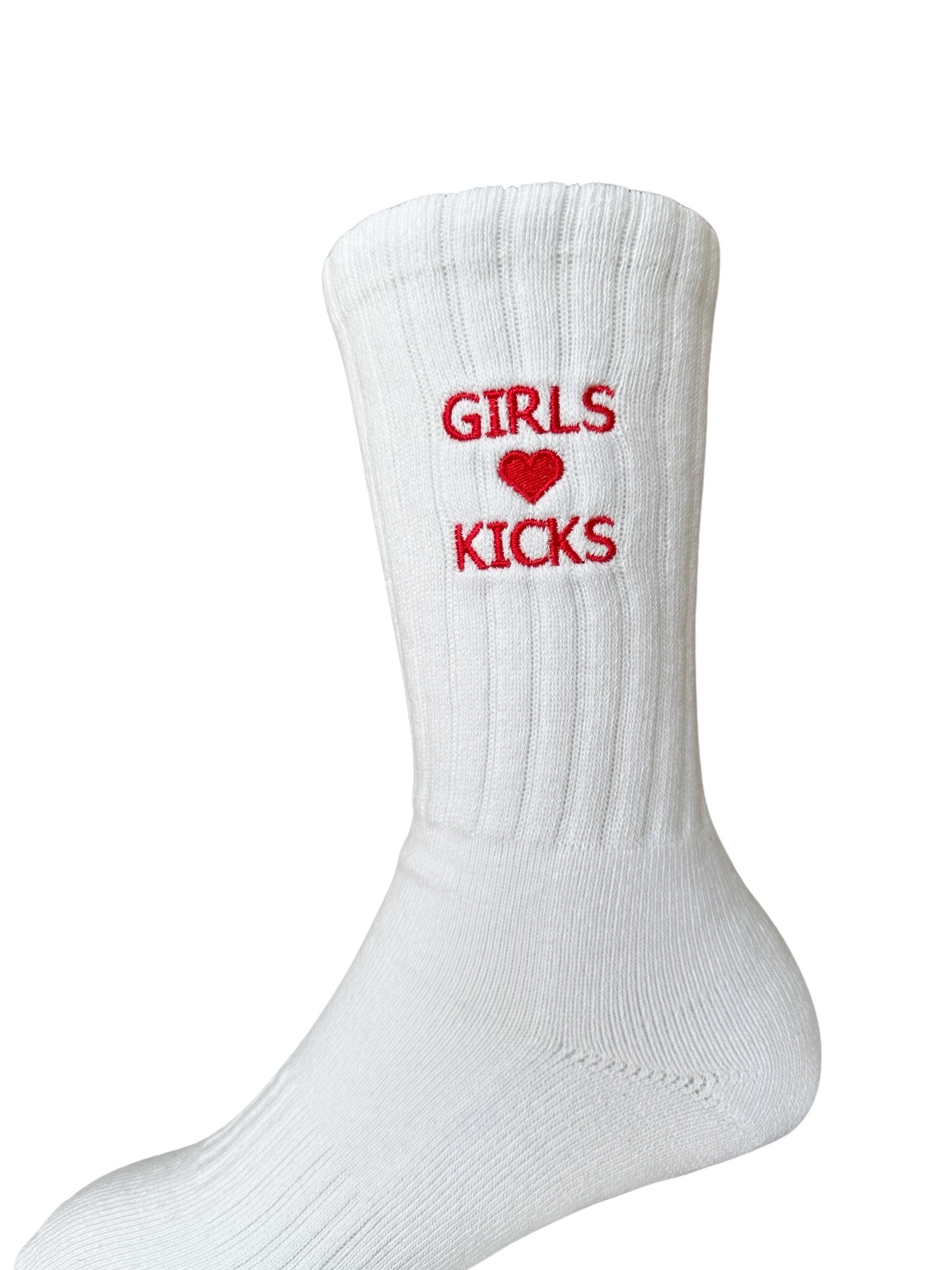 White Cotton Crew Length Socks with Red Girls Love Kicks embroidery. 