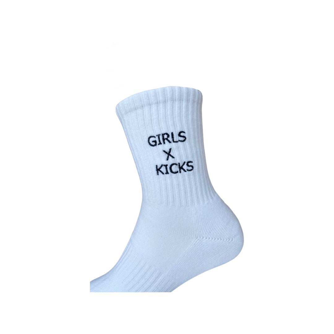 White cotton crew length socks with Black GXK embroidery