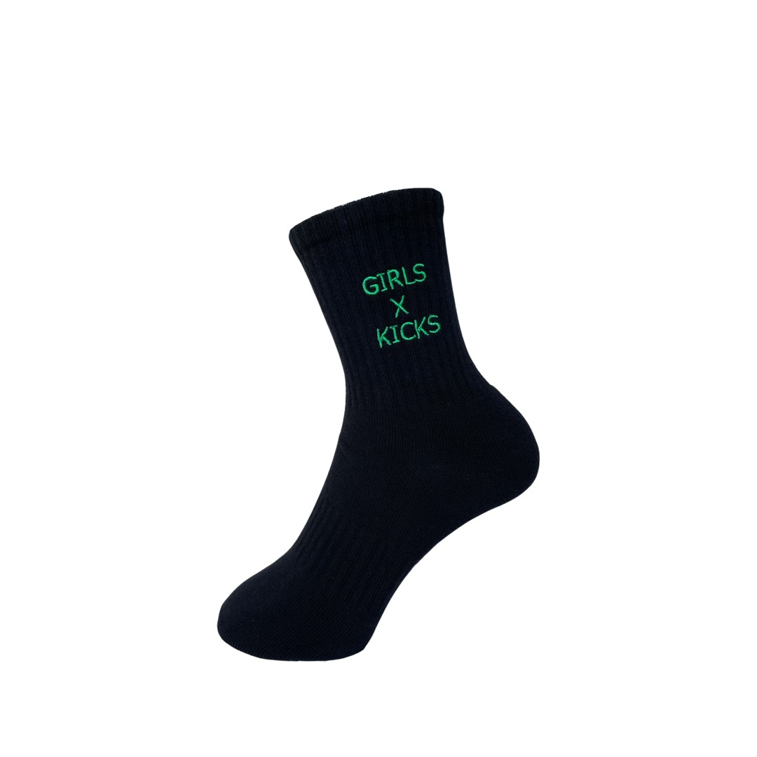 Black cotton crew length socks with green GXK embroidery