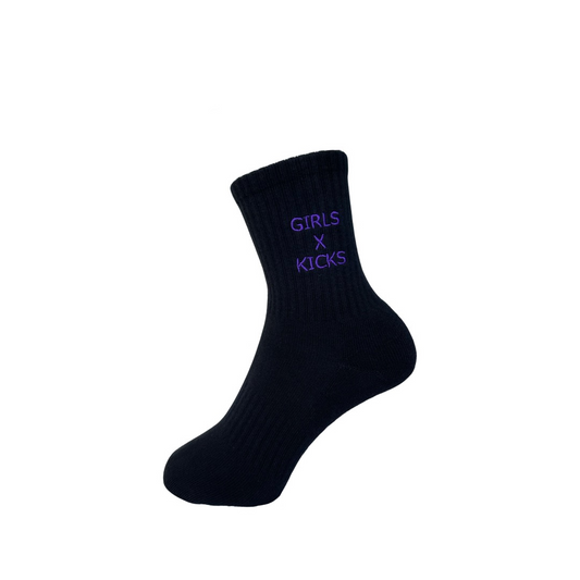 Black Cotton Crew Length Socks with Purple Girls times Kicks embroidery