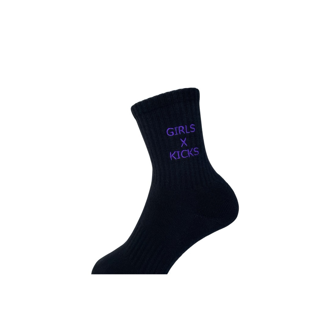 Black Cotton Crew Length Socks with Purple Girls times Kicks embroidery