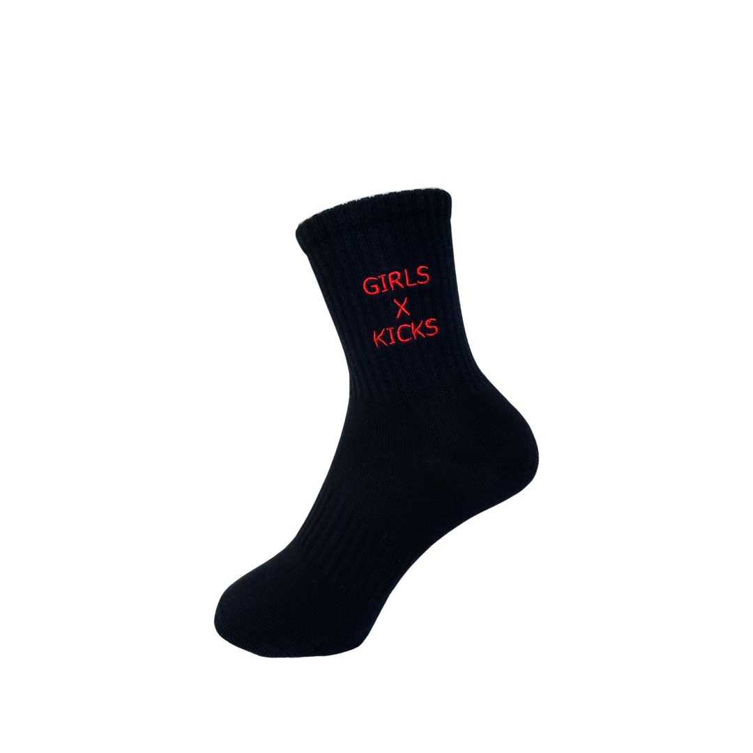 Black Cotton Crew Length Socks with Red Girls times Kicks embroidery. 