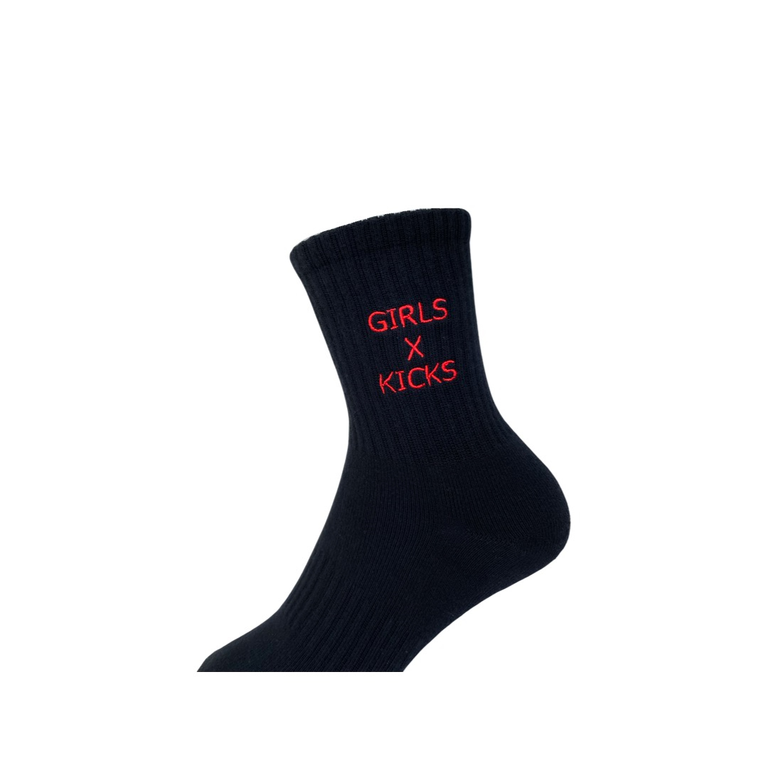 Black Cotton Crew Length Socks with Red Girls Times Kicks embroidery. 