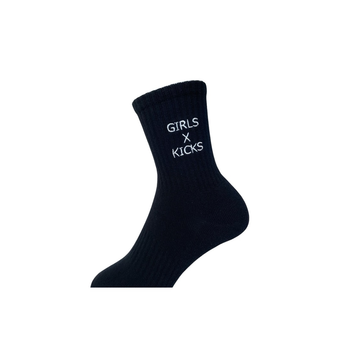 Black Cotton Crew Length Socks with White Girls Times Kicks embroidery 