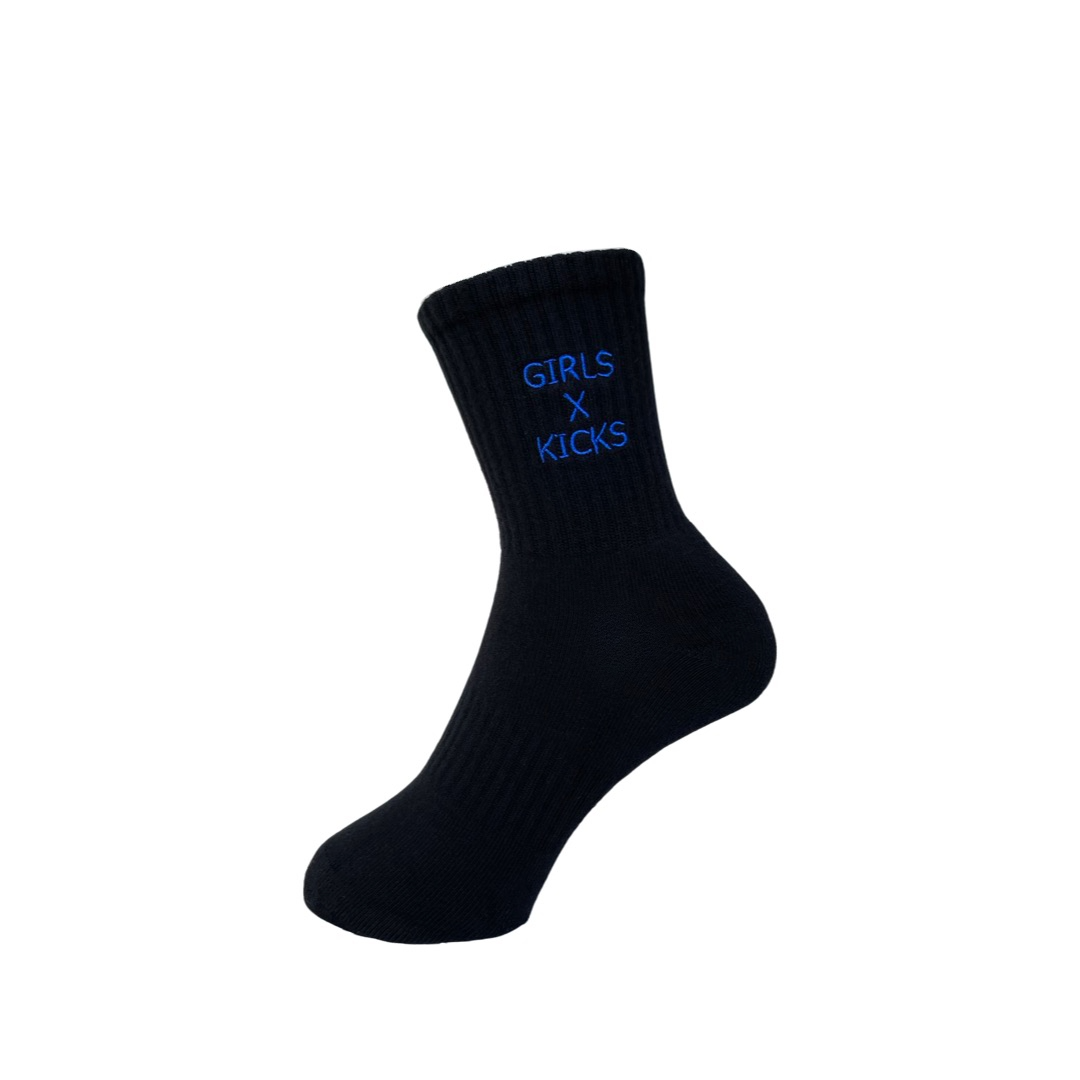 Black cotton crew length socks with blue  GXK embroidery