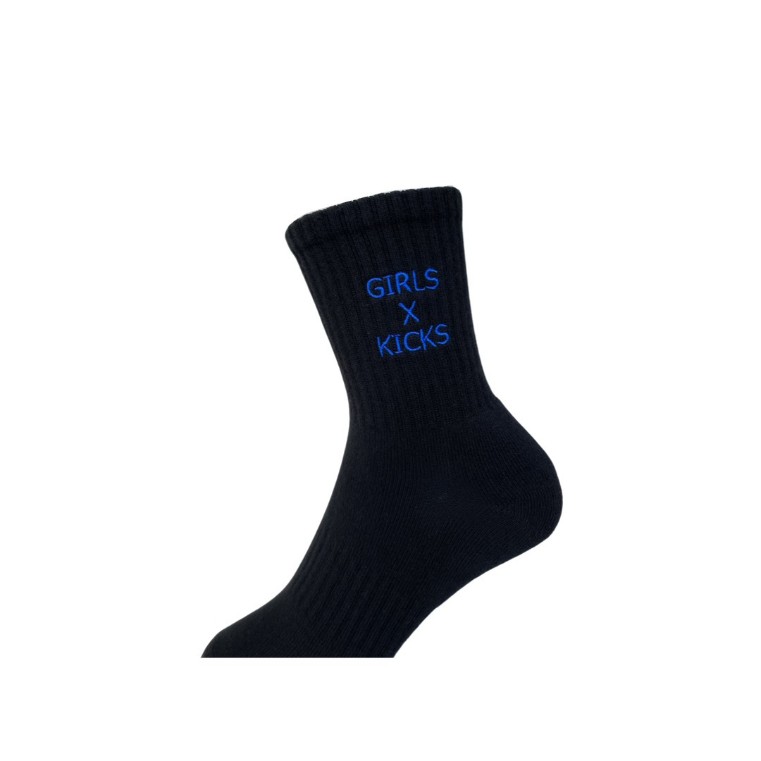 Black cotton crew length socks with blue GXK embroidery