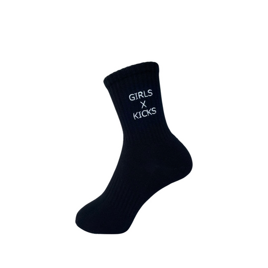 Black Cotton Crew Length Socks with White Girls Times Kicks embroidery