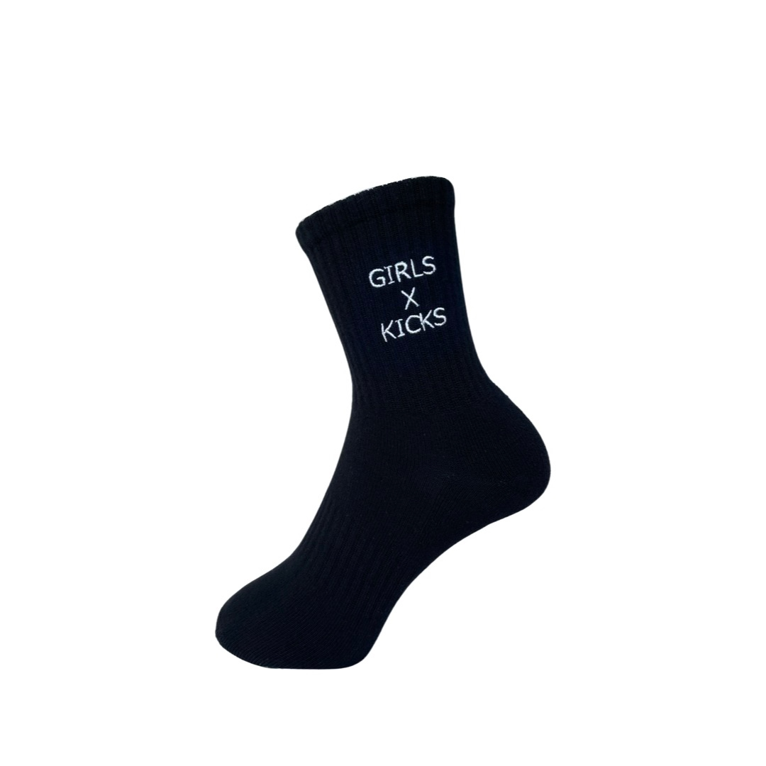 Black Cotton Crew Length Socks with White Girls Times Kicks embroidery 