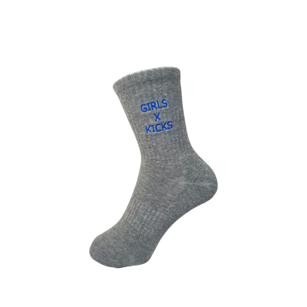 Grey cotton crew length socks with blue  GXK embroidery