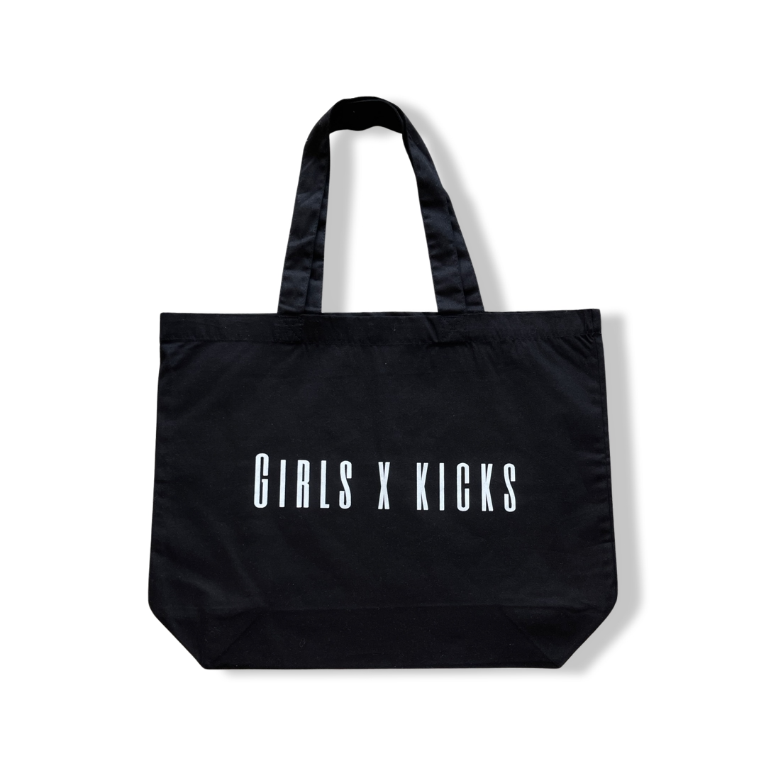 Black Cotton Tote bag with white Girls X Kicks logo