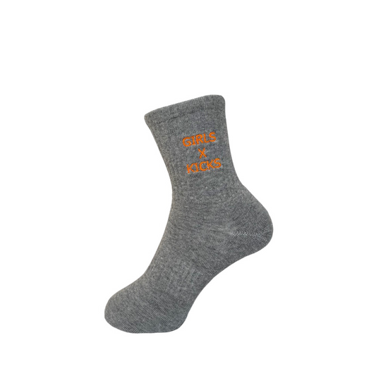 Grey Cotton Crew Length Socks with Orange Girls times Kicks embroidery