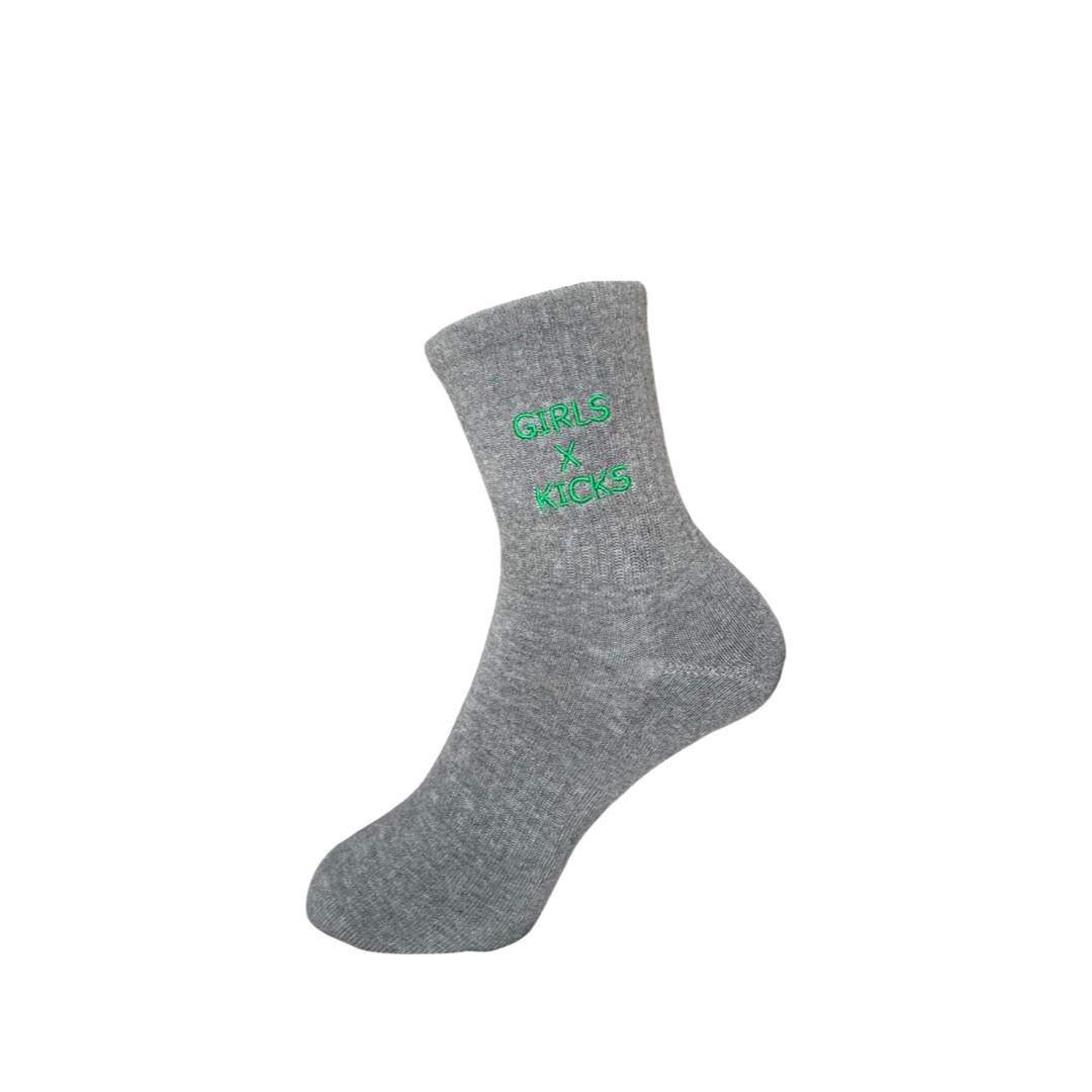 Grey cotton crew length socks with green GXK embroidery