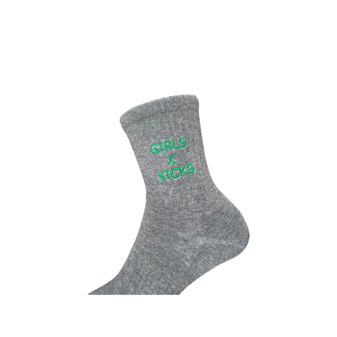 Grey cotton crew length socks with green GXK embroidery