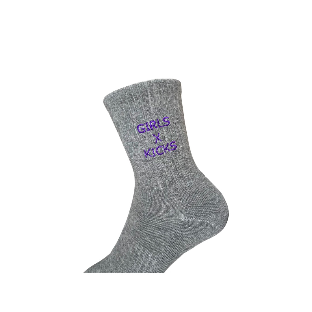 Grey Cotton Crew Length Socks with Purple Girls times Kicks embroidery