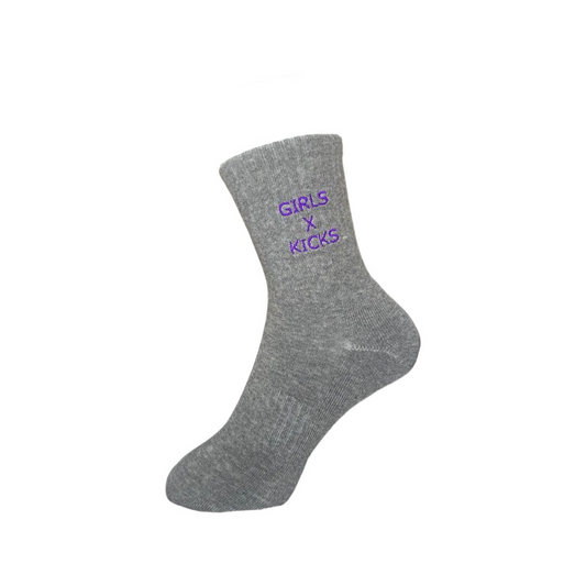 Grey Cotton Crew Length Socks with Purple Girls times Kicks embroidery