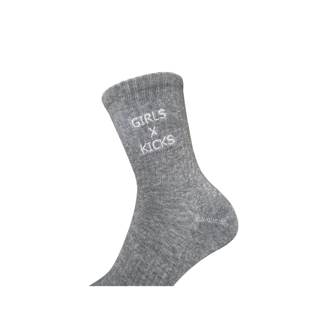 Grey Cotton Crew Length Socks with White Girls Times Kicks embroidery. 