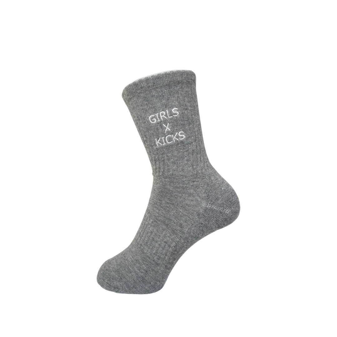 Grey Cotton Crew Length Socks with White Girls Times Kicks embroidery 