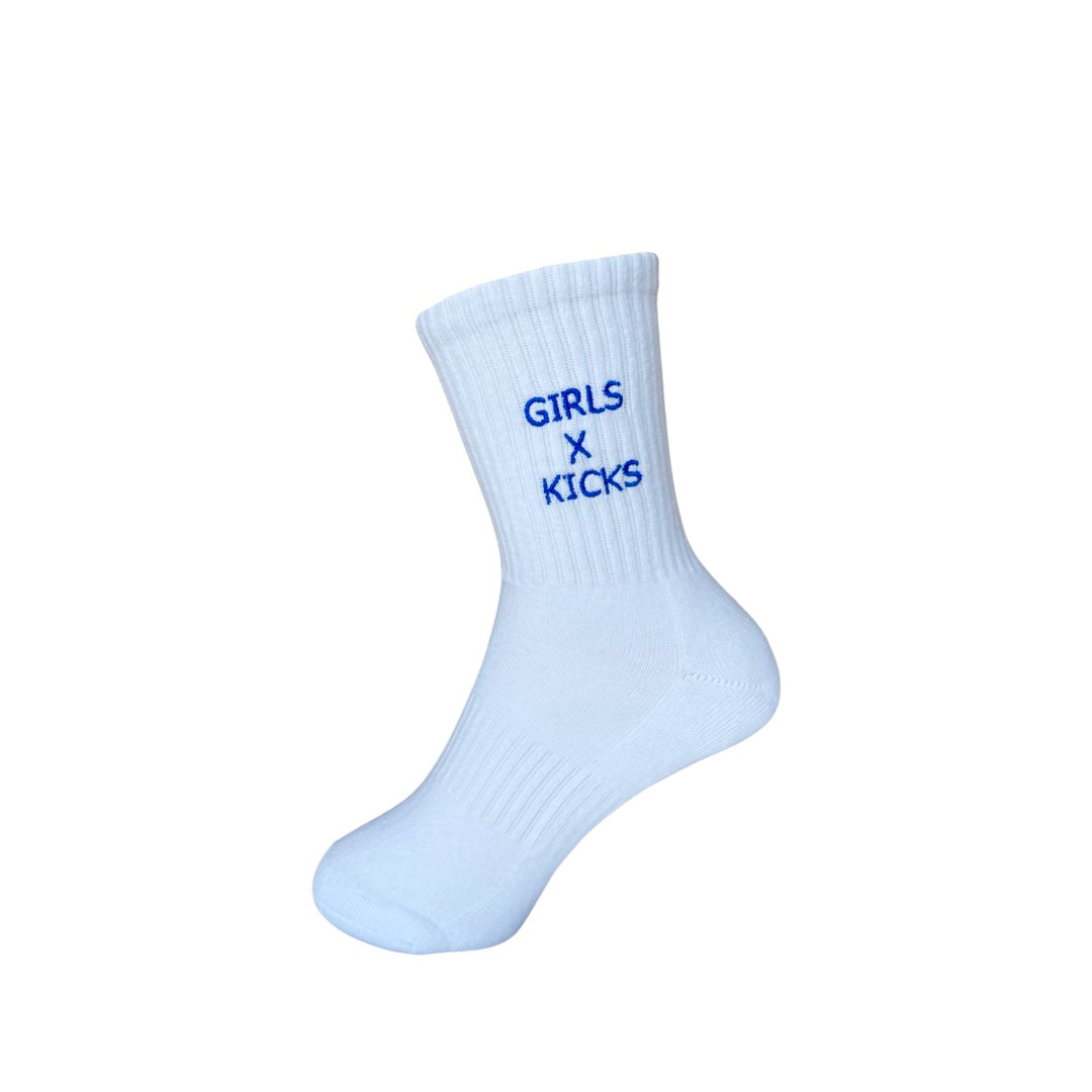 White cotton crew length socks with blue  GXK embroidery