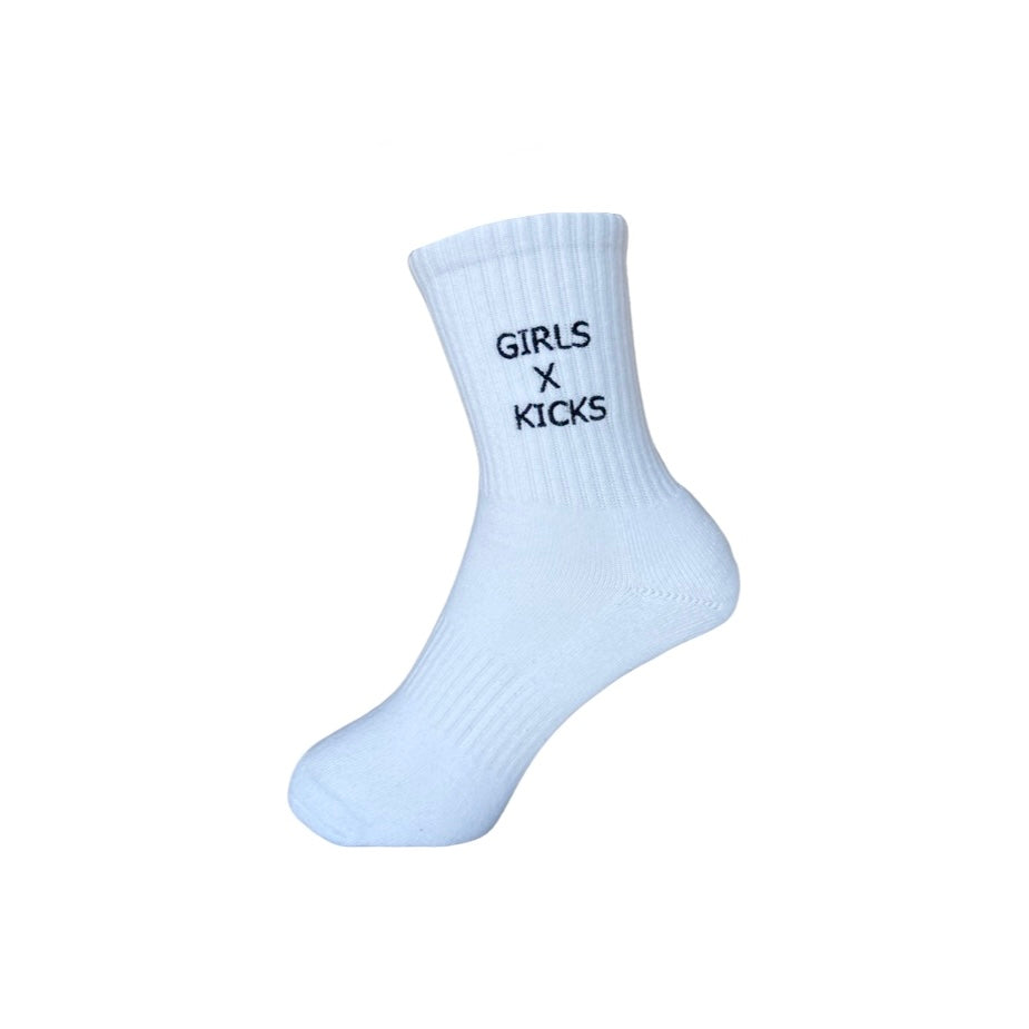 White cotton crew length socks with Black GXK embroidery