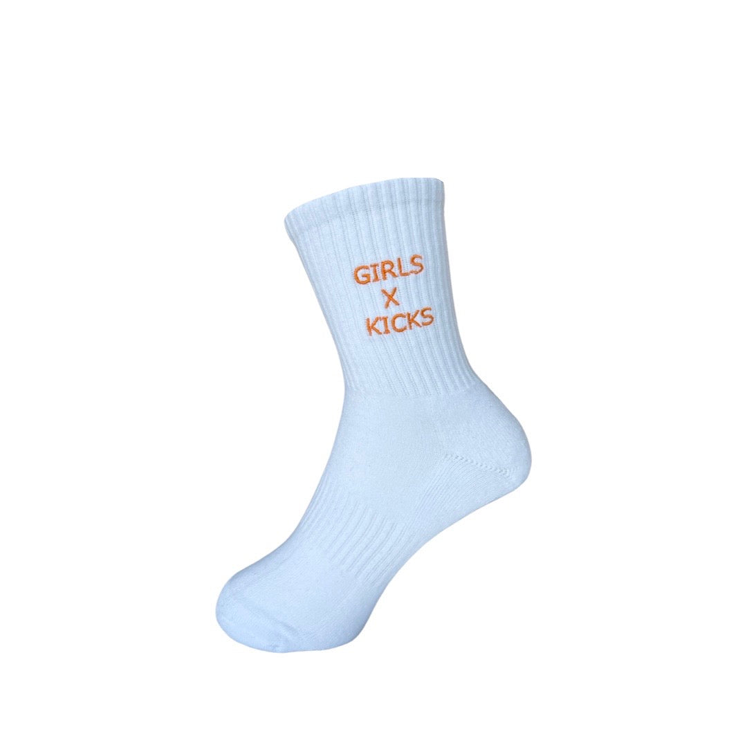 White Cotton Crew Length Socks with Orange Girls Times Kicks embroidery