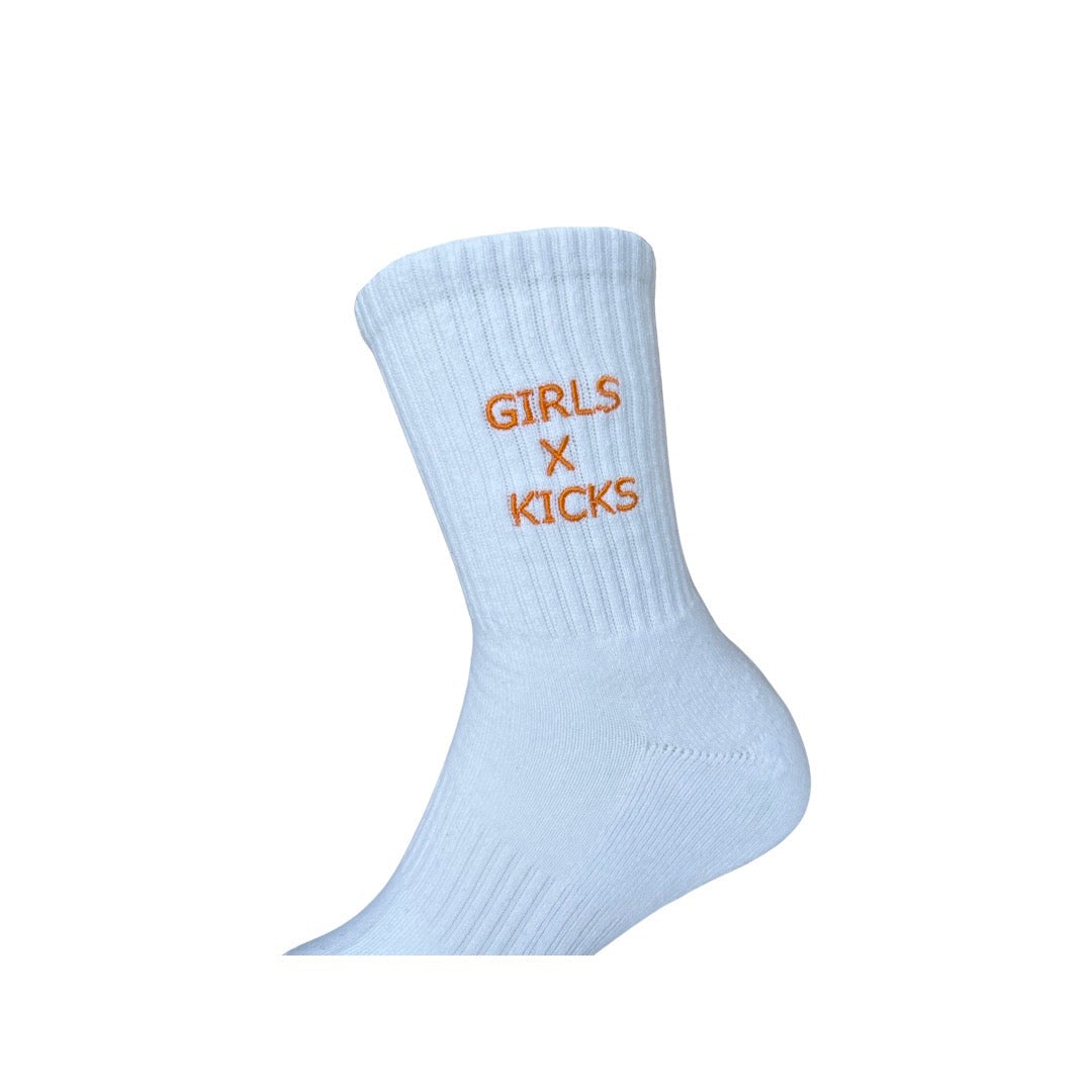 White Cotton Crew Length Socks with Orange Girls times Kicks embroidery