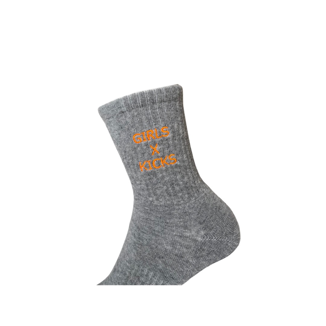 Grey Cotton Crew Length Socks with Orange Girls times Kicks embroidery