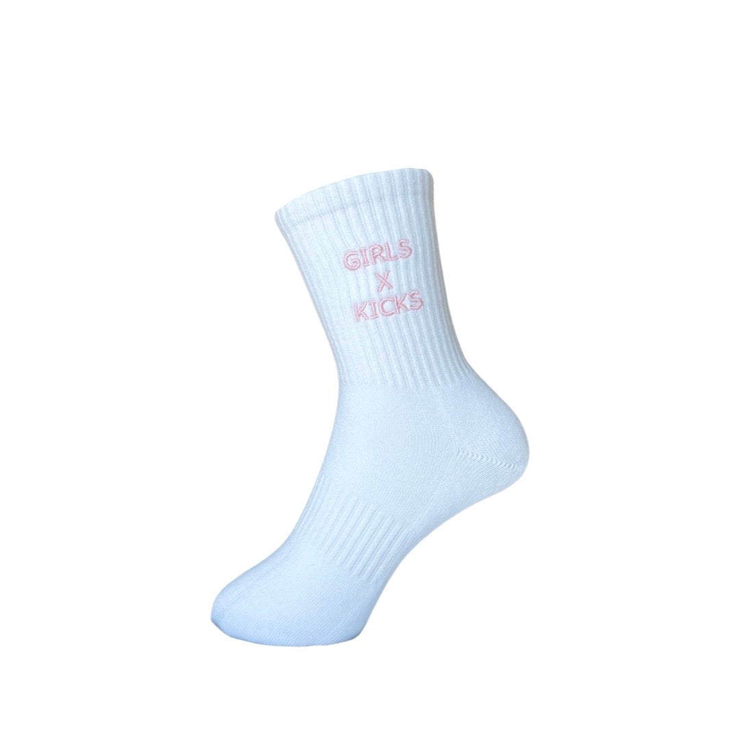 White Cotton Crew Length Socks with Pink Girls times Kicks embroidery