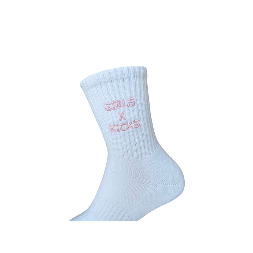 White Cotton Crew Length Socks with Pink Girls times Kicks embroidery