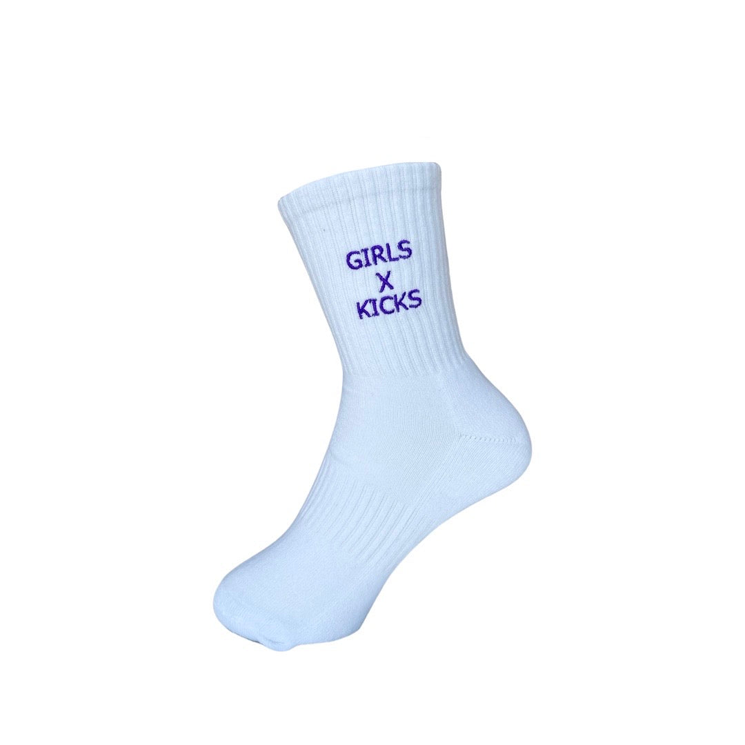 White Cotton Crew Length Socks with Purple Girls times Kicks embroidery