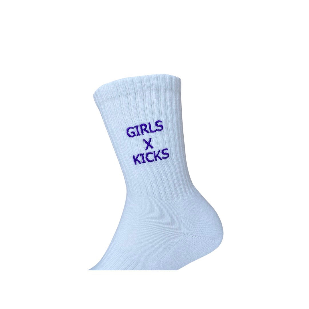 White Cotton Crew Length Socks with Purple Girls times Kicks embroidery