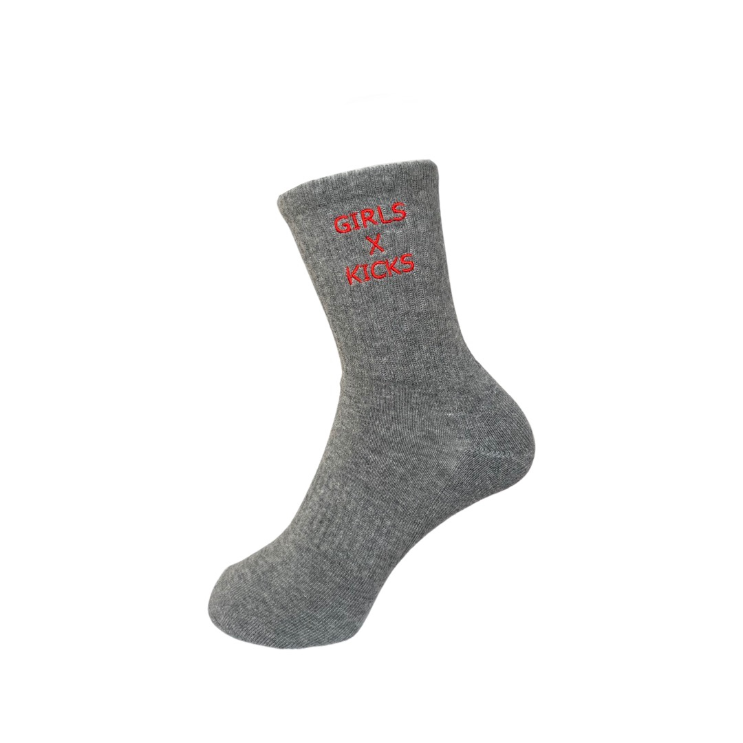 Grey Cotton Crew Length Socks with Red Girls times Kicks embroidery. Higher placement of embroidery