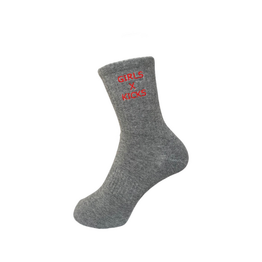 Grey Cotton Crew Length Socks with Red Girls times Kicks embroidery. Higher placement of embroidery