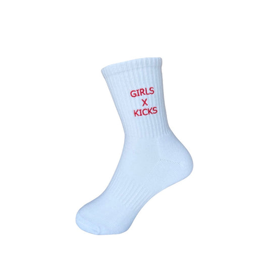 White Cotton Crew Length Socks with Red Girls times Kicks embroidery