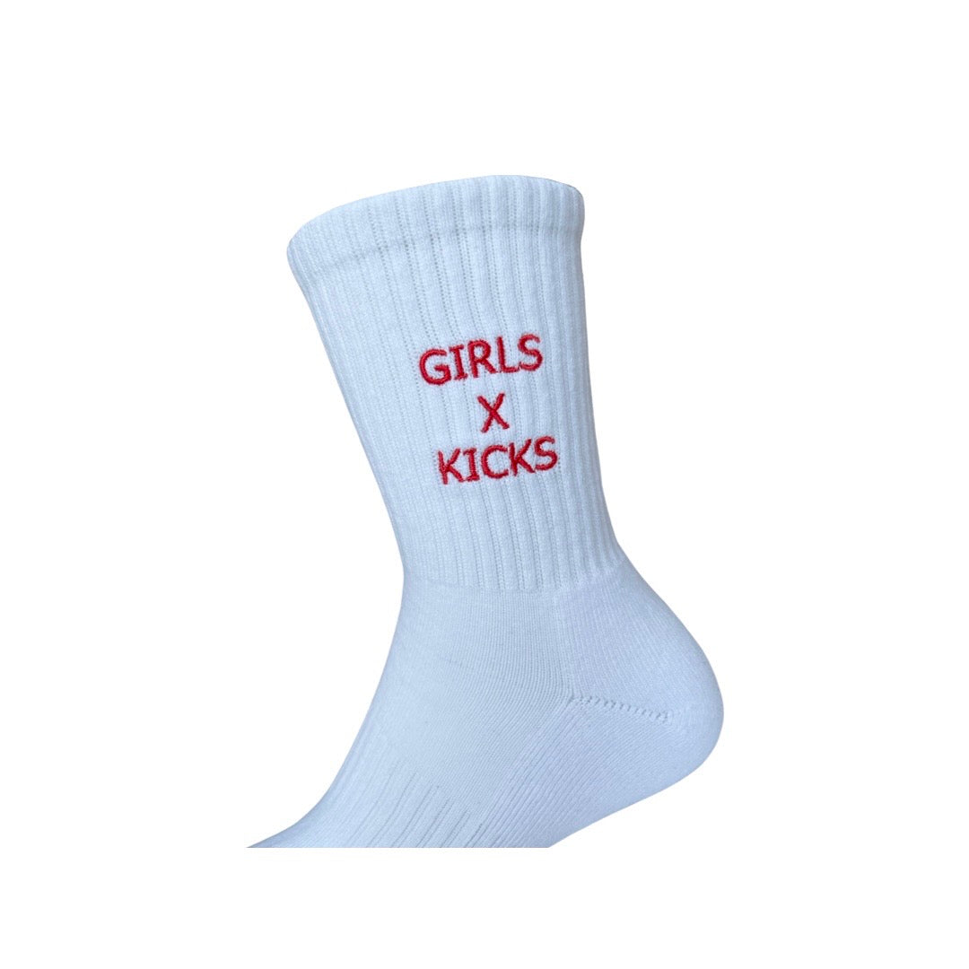 White Cotton Crew Length Socks with Red Girls times Kicks embroidery