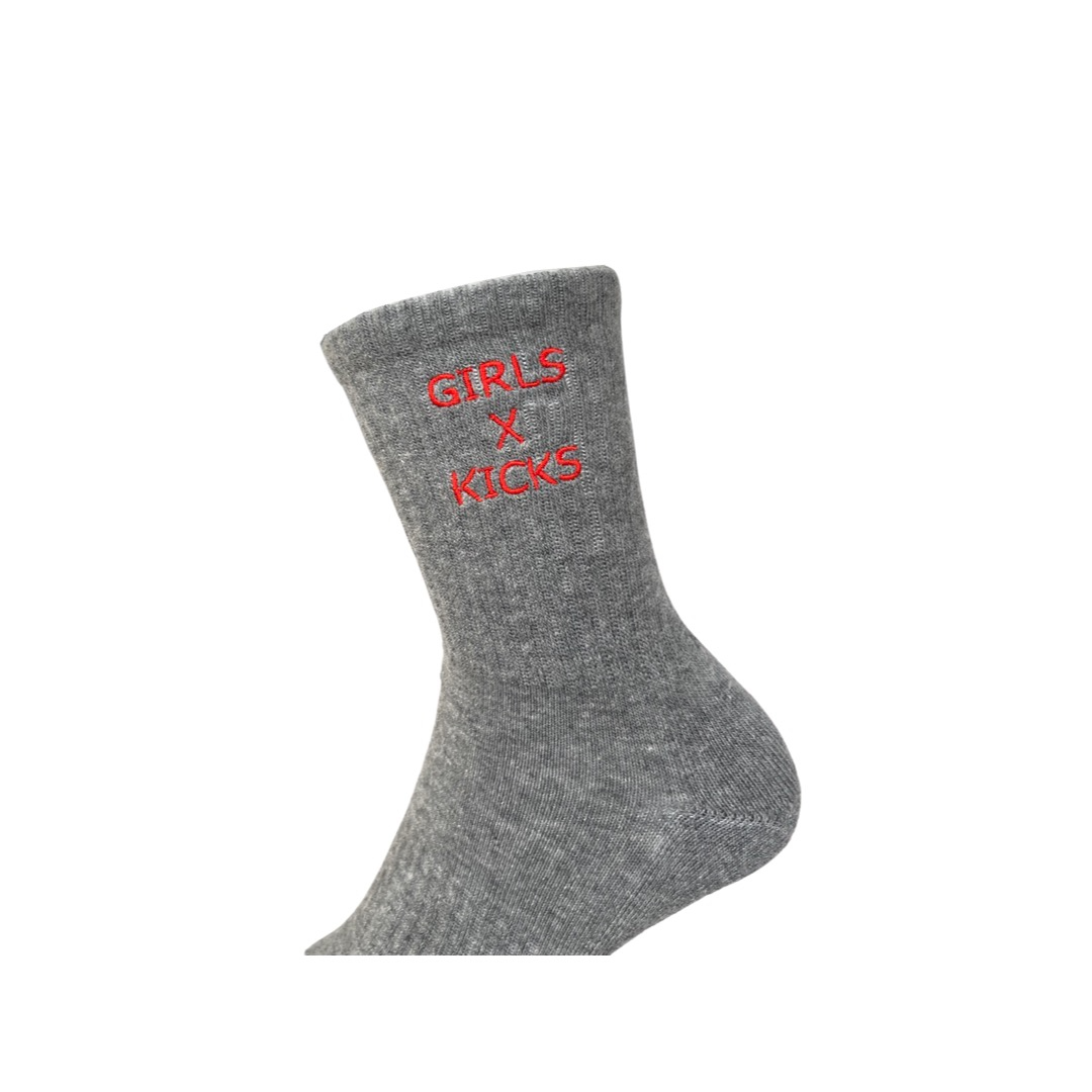 Grey Cotton Crew Length Socks with Red Girls times Kicks embroidery. Higher placement of embroidery